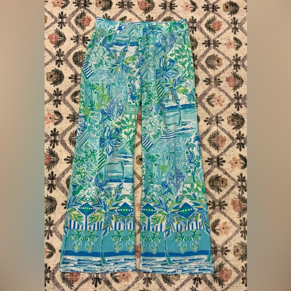 Lilly Pulitzer Bal Harbour Mid-Rise Palazzo Pants Whisper Blue Beach Happy Large - Picture 1 of 8